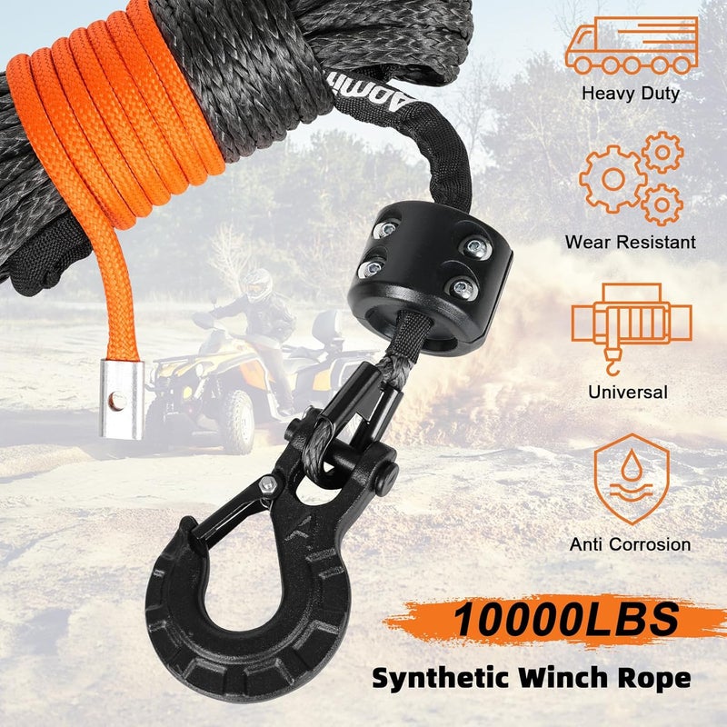 Aomifunny حبل ونش صناعي، 1/4" × 50 قدم 10000 رطل حبل ونش، كابل ونش صناعي مع غلاف واقي + خطاف ونش + حزام سحب أمان لمركبات الطرق الوعرة ATV UTV SUV (أسود) - Image 4